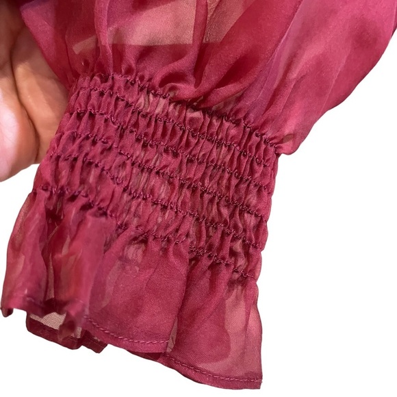 Anthropologie Eva Franco Silk Organza Deep Red Sheer Blouse Balloon Sleeves Sz M - Picture 7 of 12